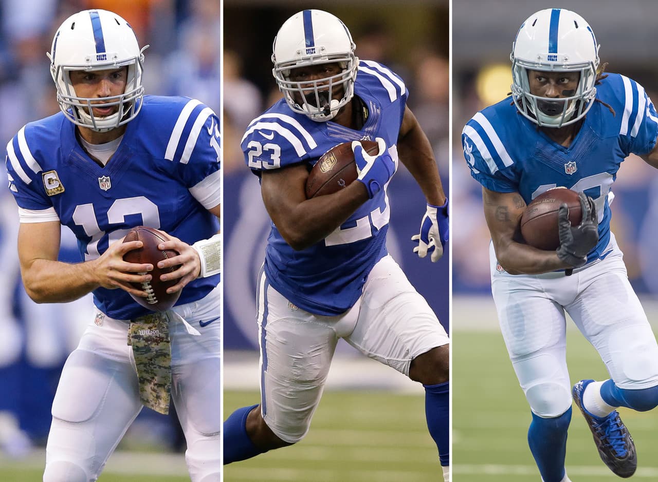<b>16) INDIANAPOLIS COLTS: QB Andrew Luck – RB Frank Gore – WR T.Y. Hilton</b>
<br>Las lesiones de Andrew Luck el año pasado y la veteranía de Gore colocan esta tripleta a media tabla en la NFL. Pero en 2016 las cosas pueden ser muy diferentes. Si los Colts lo protegen, Luck puede registrar una temporada histórica. Hilton es un gran receptor, capaz de ligar 3 temporadas superando las 1,000 yardas, a pesar de que en 2015 no recibió muchos pases de Luck.