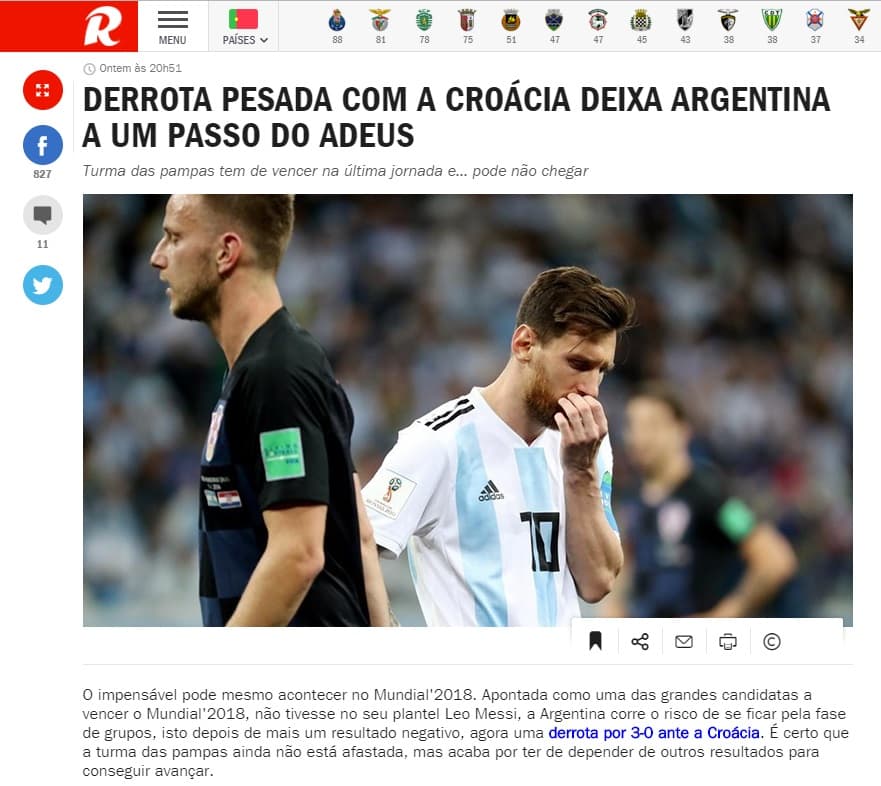 Record (Portugal) subrayó la pesada derrota que Croacia le propinó a Argentina, dejándola a un paso del adiós de la Copa del Mundo.