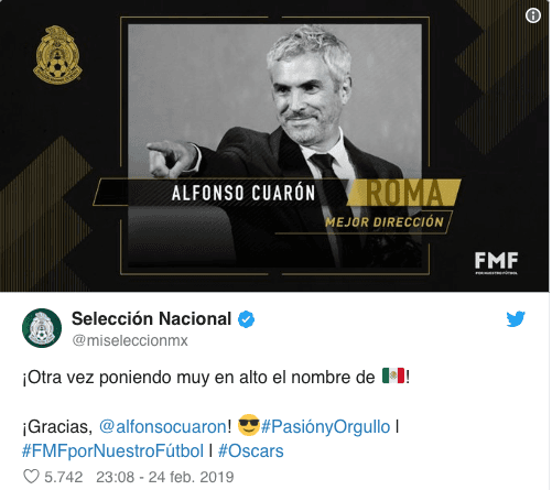 Clubes de la Liga MX, la Selección Mexicana, la Liga Mexicana de Béisbol y hasta el club Roma de Italia enviaron sus felicitaciones al filme Roma y a Alfonso Cuarón por su éxito en los Premios Oscar en 2019.