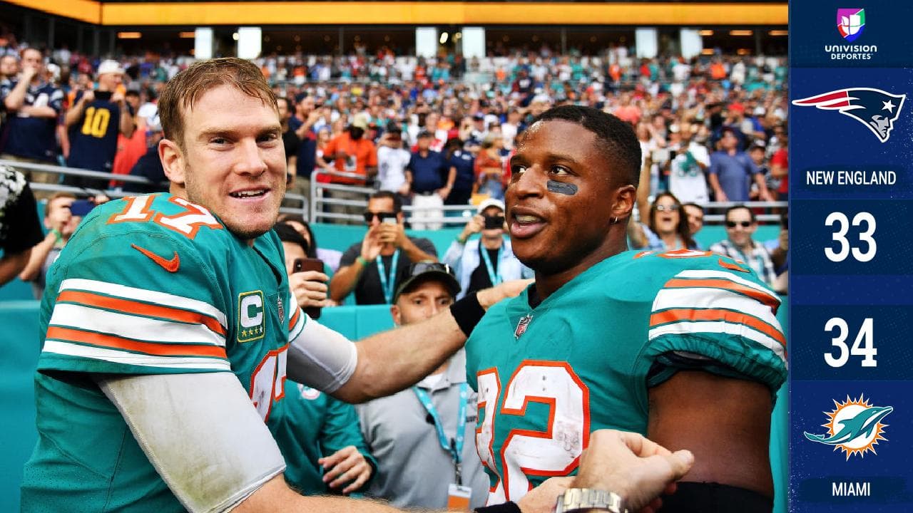 <b>New England 33-34 Miami</b>. Con el reloj en cero, una carrera de Kenyan Drake de 69 yardas le dio el triunfo a los Dolphins (7-6) sobre los Patriots (9-4) en un cierre de partido increíble.