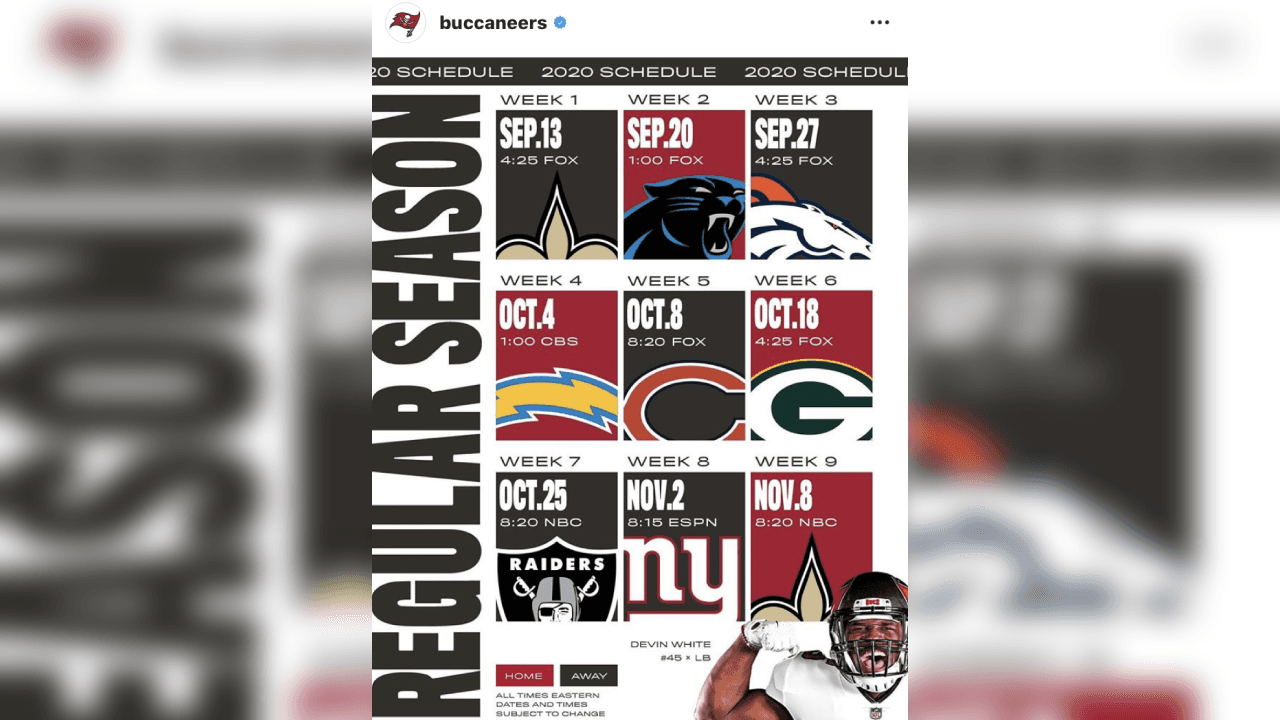 <b>El calendario de los Buccaneers</b>
<br>- Así se desarrollará la temporada 2020 en la NFL para Tampa Bay.
<br>- ¿Cuántos partidos ganarán?