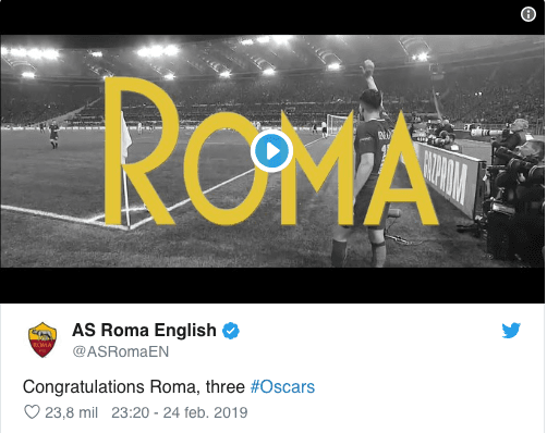 Clubes de la Liga MX, la Selección Mexicana, la Liga Mexicana de Béisbol y hasta el club Roma de Italia enviaron sus felicitaciones al filme Roma y a Alfonso Cuarón por su éxito en los Premios Oscar en 2019.