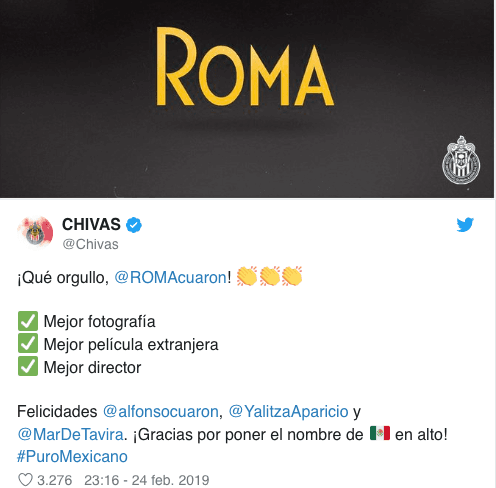 Clubes de la Liga MX, la Selección Mexicana, la Liga Mexicana de Béisbol y hasta el club Roma de Italia enviaron sus felicitaciones al filme Roma y a Alfonso Cuarón por su éxito en los Premios Oscar en 2019.