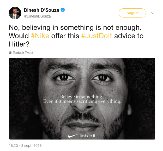 "No, creer en algo no es suficiente ¿Ofrecería Nike esta publicidad de #JustDoIt a Hitler?