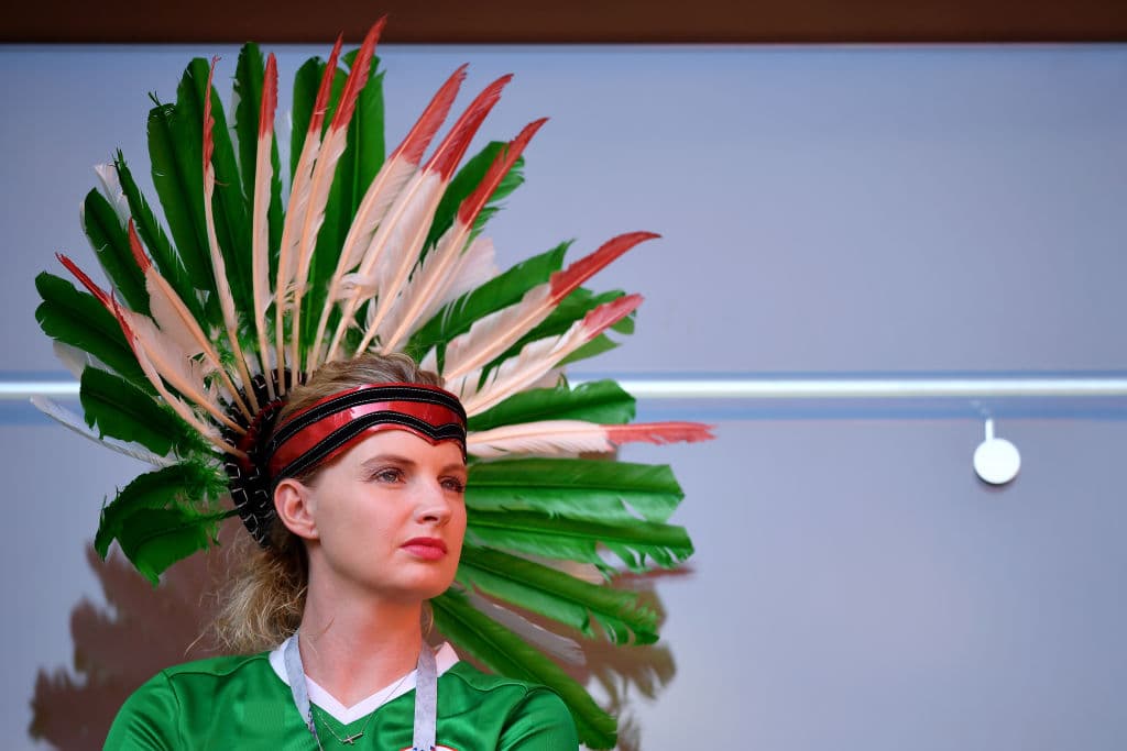 YEKATERINBURG, RUSSIA - JUNE 27: A Mexico fan enjoys the pre match during the 2018 FIFA World Cup Russia group F match between Mexico and Sweden at Ekaterinburg Arena on June 27, 2018 in Yekaterinburg, Russia. (Photo by Hector Vivas/Getty Images)