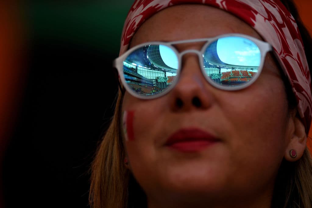 YEKATERINBURG, RUSSIA - JUNE 27: Stadium is reflected by a fan's sunglasses prior to the 2018 FIFA World Cup Russia group F match between Mexico and Sweden at Ekaterinburg Arena on June 27, 2018 in Yekaterinburg, Russia. (Photo by Matthias Hangst/Getty Images)