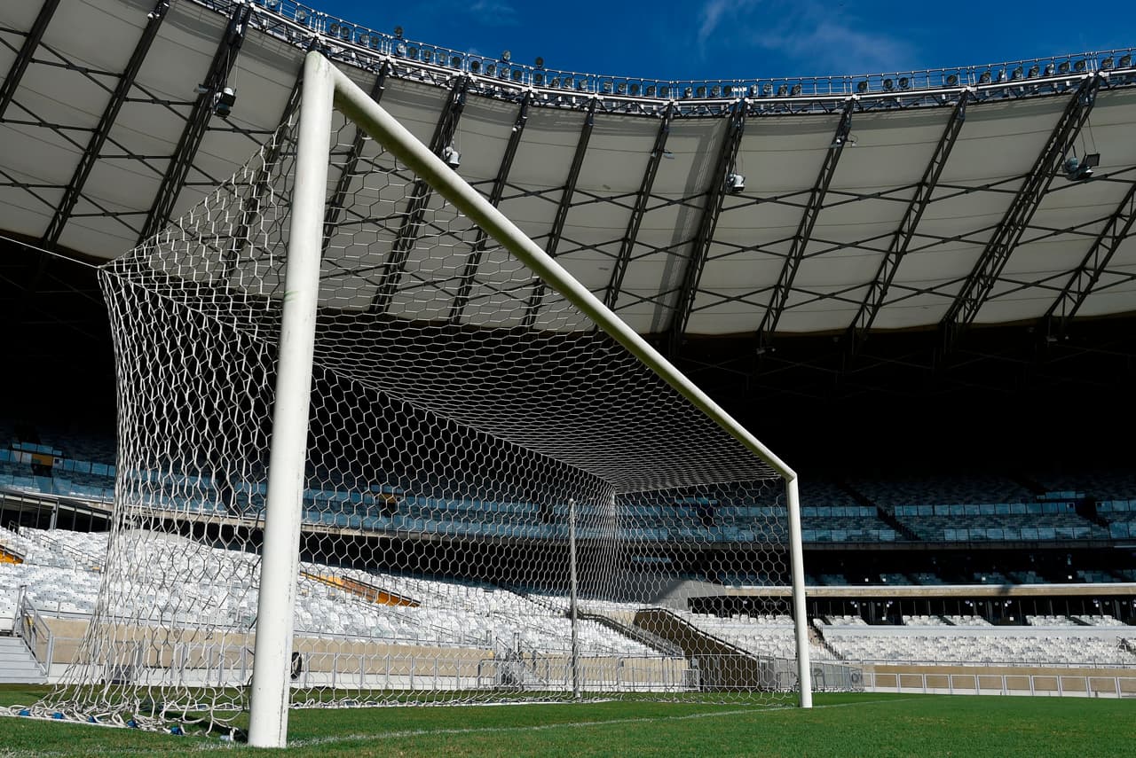 View of one of the original goals, used in the legendary 7-1 2014 World Cup semifinal match between Germany and Brazil, at the Mineirao stadium in Belo Horizonte, Brazil, on June 5, 2018. - Brazil donated one of the goals, used in the legendary match, to a German NGO, which will raise funds for social institutions, health and sports programmes throughout Brazil. The goal net will be cut into 8,150 pieces and each donor will receive a piece as a souvenir. (Photo by DOUGLAS MAGNO / AFP) (Photo credit should read DOUGLAS MAGNO/AFP/Getty Images)
