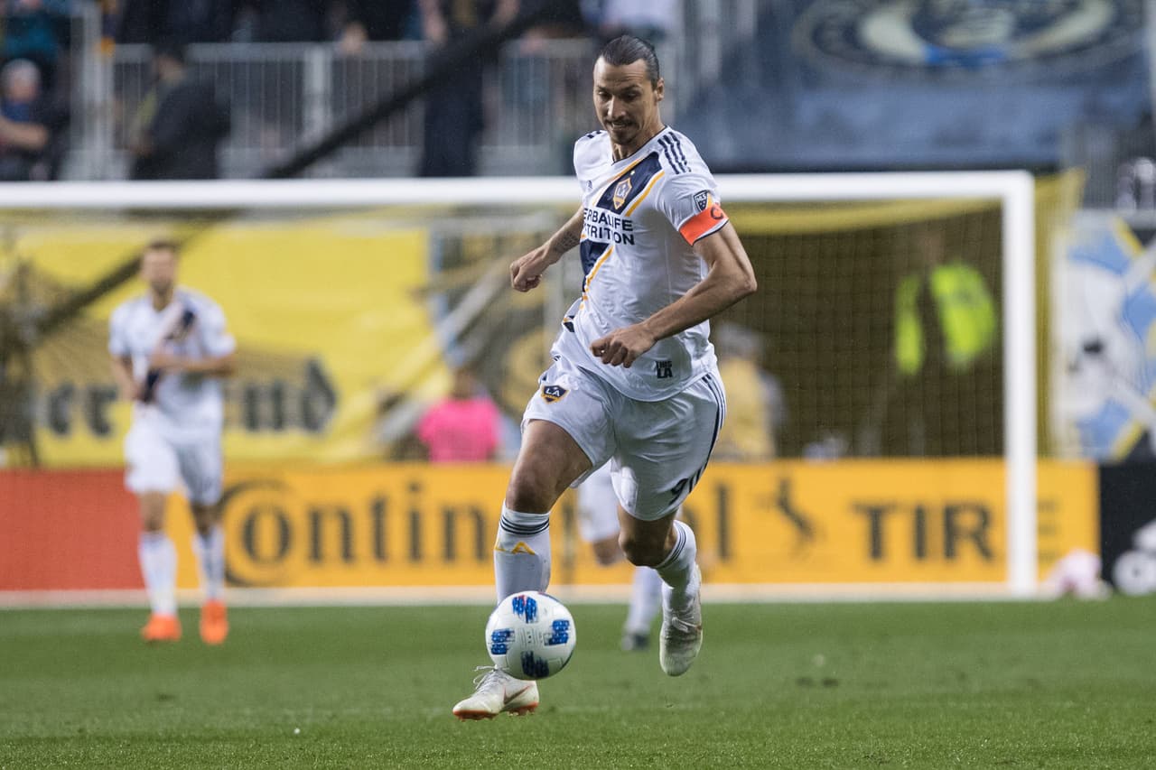 Jul 21, 2018; Philadelphia, PA, USA; Los Angeles Galaxy forward Zlatan Ibrahimovic (9) in action against the Philadelphia Union during the second half at Talen Energy Stadium. Mandatory Credit: Bill Streicher-USA TODAY Sports